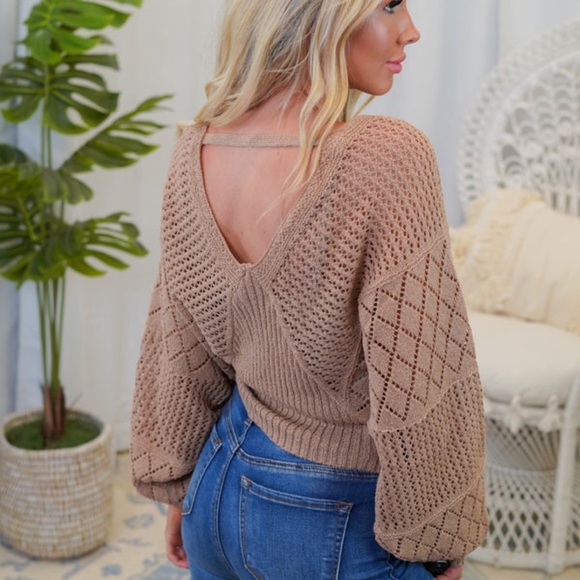 🆕🤎THINKABLE: MOCHA Loose Knit Long Sleeve V-Neck Pullover SMALL - Picture 2 of 4